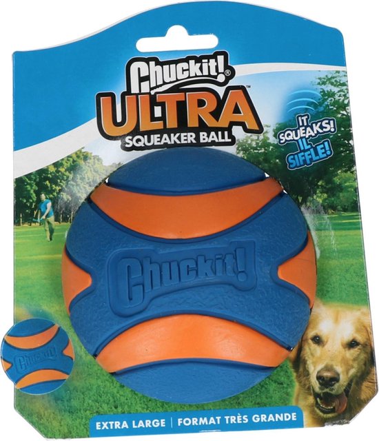 Chuckit! Ultra Squeaker Bal - Hondenspeelgoed - Hondenbal - Duurzaam rubber - Extra Large - Ø9 cm - Blauw/Oranje - 1 Stuks