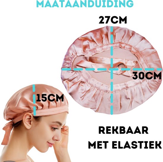 Zachtroze zijden slaapmuts met afmetingen 15cm (hoogte) en 27x30cm (omtrek). Rekbaar met elastiek.