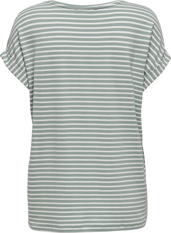 Achterkant van een groen gestreept t-shirt met witte strepen en omgeslagen korte mouwen.