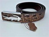 RR20-16a.115 Leren riem krokodil, lichtbruin, krokodil buckle, L115cm, H38mm, D4mm