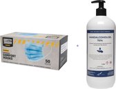 3 Laags Mondkapje - 50 stuks - Licht Blauw + Handgel met pompje - 1 liter