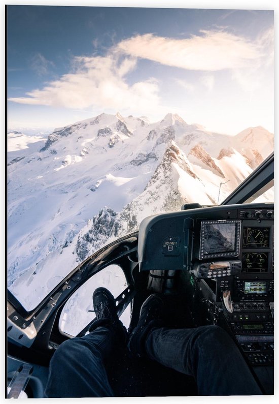 Dibond - Helikopter boven Sneeuwgebied - 40x60cm Foto op Aluminium (Met Ophangsysteem)