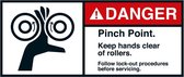 Danger Pinch point rollers sticker, ANSI 70 x 160 mm