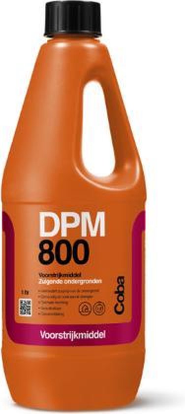 Oranje fles Coba DPM 800 met een handvat en zwart dopje. Label met paarse en witte tekst.