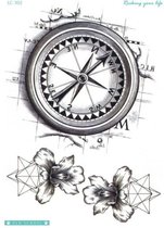 Temporary tattoo | tijdelijke tattoo | fake tattoo | kompas/geometrische bloemen - compass/geometric flowers | 150 x 210 mm