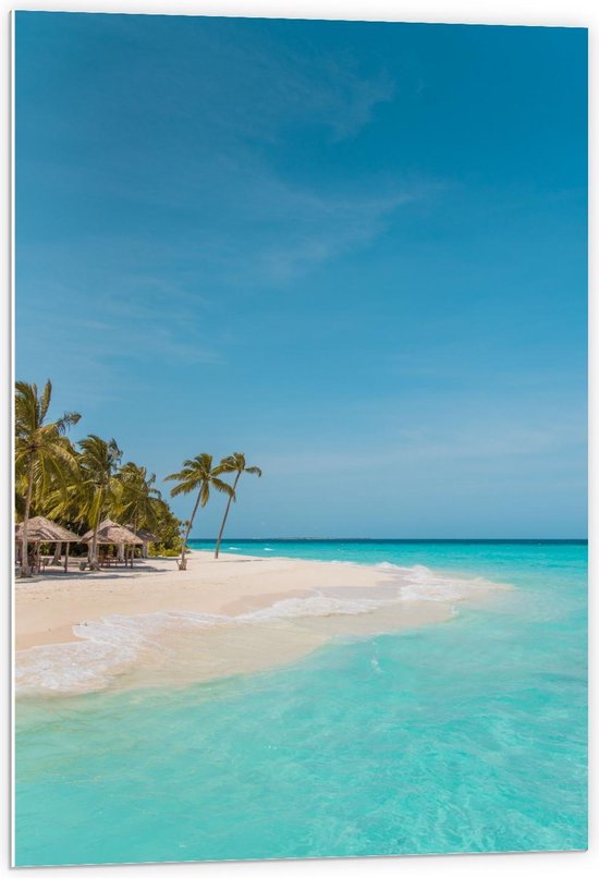 Forex - Tropisch Wit Strand met Blauwe Zee en Palmbomen - 60x90cm Foto op Forex