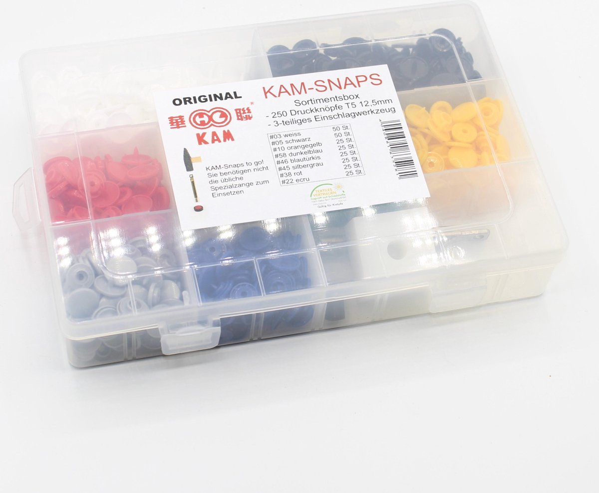 1 BOX KAM-SNAPS/DRUKKNOPEN - 250 Snaps (8 kleuren) + Gereedschap, Knopen 12,5MM