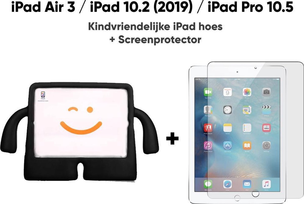Apple iPad Air 3 / iPad 10.2 (2019) / iPad Pro 10.5 Kindvriendelijk Kind Hoes Zwart + Screenprotector / Tempered Glass