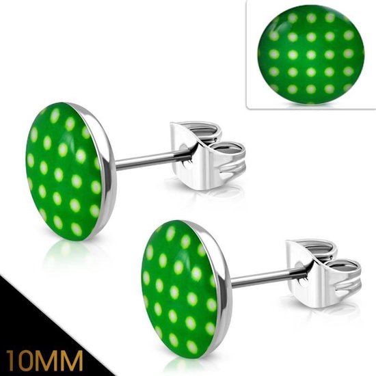 Aramat jewels ® - Ronde oorbellen stippels groen wit staal 10mm