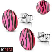 Aramat jewels ® - Ronde oorbellen zebra look roze zwart staal 10mm