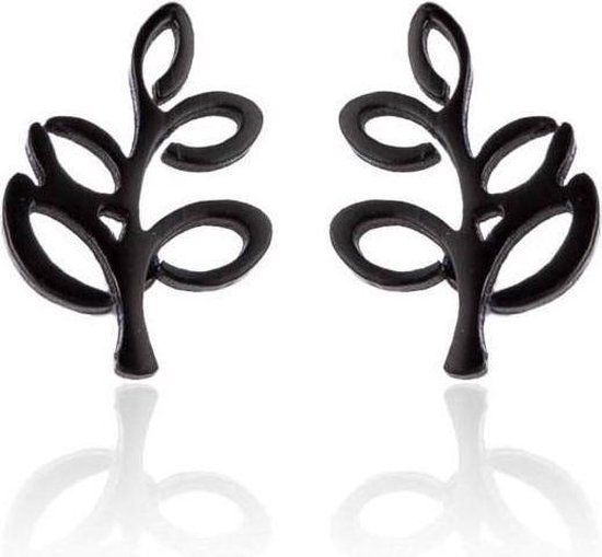 Aramat jewels ® - Zweerknopjes oorbellen blad zwart chirurgisch staal 10mm x 7mm