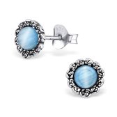 Aramat jewels ® - Zilveren oorbellen cat eye rond 925 zilver blauw 7mm