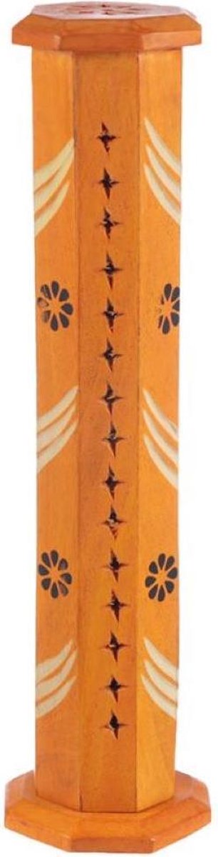 Puckator wierookbrander/toren octagonaal voor wierookstokjes of cones Tibetaanse stijl met wimpels en bloemen kleur oranje