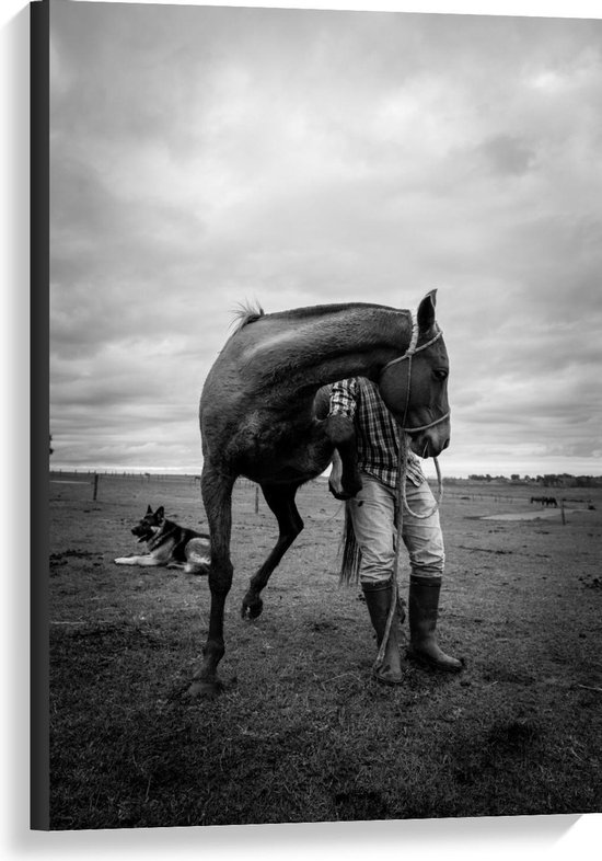 Canvas  - Boer met Paard (zwart/wit) - 60x90cm Foto op Canvas Schilderij (Wanddecoratie op Canvas)