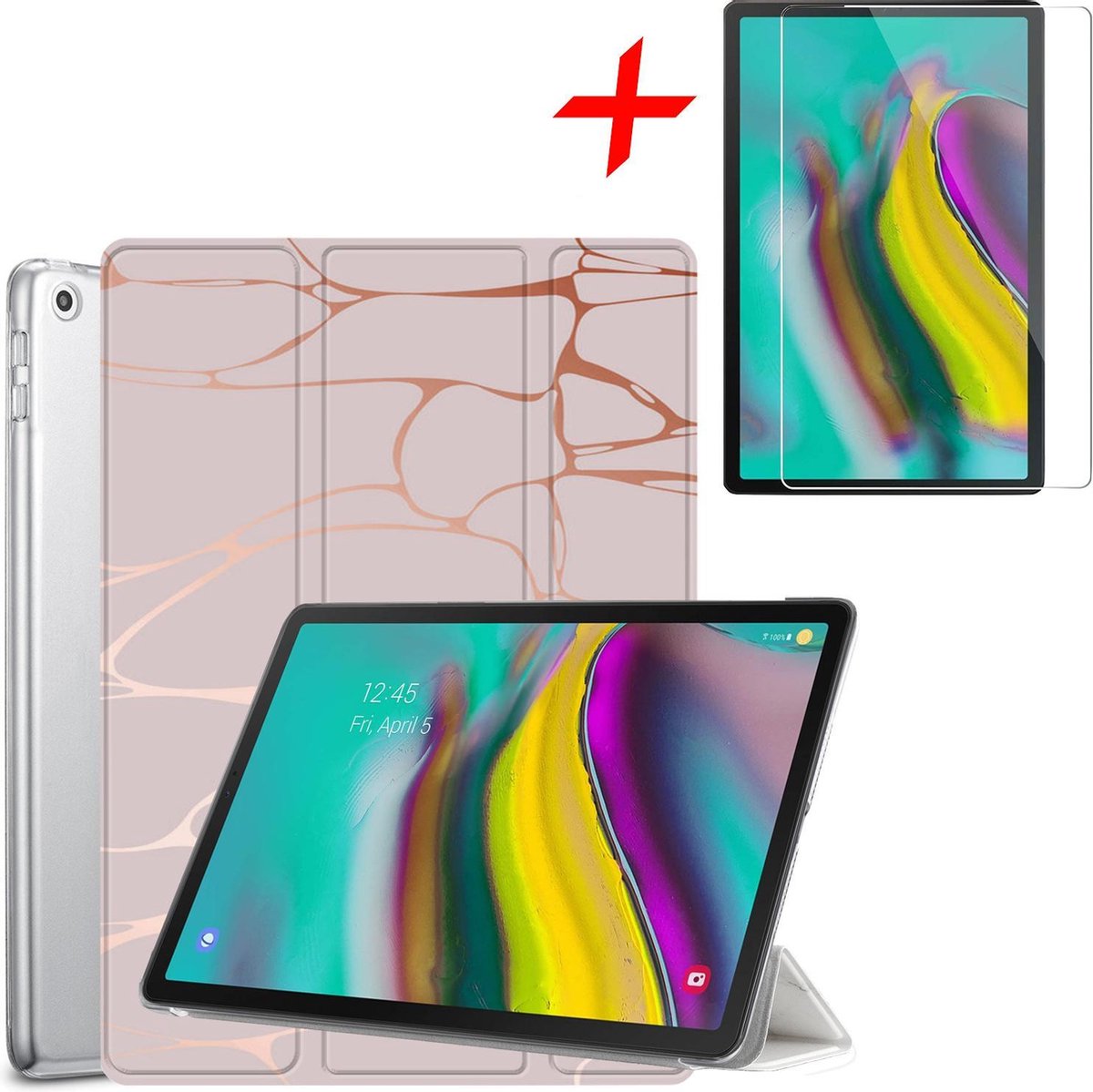Samsung Galaxy Tab S5e Hoes + Screenprotector - Smart Book Case Tri-Fold Hoesje - iCall - Marmer Roze