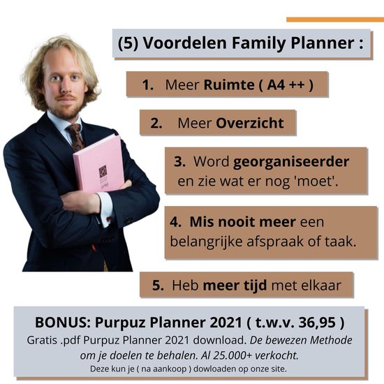 Familieplanner 2021 - Purpuz Family Planner 2021 - Familieplanner voor 5.5 pers. - Weekplanner A4++ - Handige lijstjes. Minder Stress en Meer Overzicht > - Clen Verkleij