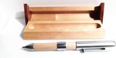 FIRENZE, kleine houten aluminium balpen met PARKER inktpatroon en elegante houten pennendoos. Lengte balpen 10,5 cm.