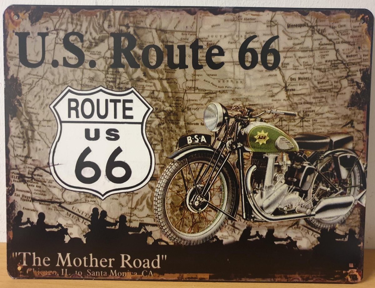 Route 66 Motor landkaart mother road Reclamebord van metaal 33 x 25 cm METALEN-WANDBORD - MUURPLAAT - VINTAGE - RETRO - HORECA- BORD-WANDDECORATIE -TEKSTBORD - DECORATIEBORD - RECLAMEPLAAT - WANDPLAAT - NOSTALGIE -CAFE- BAR -MANCAVE- KROEG- MAN CAVE