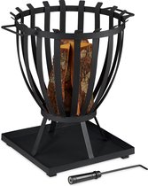 Bol.com Relaxdays vuurkorf met onderplaat - terrashaard hout - staal - vuurschaal rond - zwart aanbieding