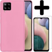 Samsung A12 Hoesje Siliconen Case Licht Roze Met Screenprotector - Samsung Galaxy A12 Hoesje Lichtroze Siliconen Case Cover - Samsung A12 Hoes Siliconen Met Screenprotector