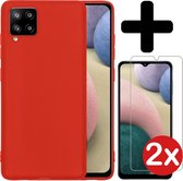 Samsung A12 Hoesje Siliconen Case Rood Met 2x Screenprotector - Samsung Galaxy A12 Hoesje Rood Siliconen Case Cover - Samsung A12 Hoes Siliconen Met 2x Screenprotector