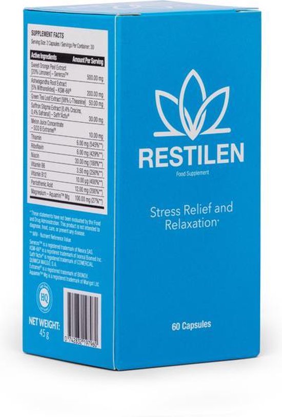 Restilen – Rustgevend tabletten – Anti Stress – 60 Capsules. Restilen is een natuurlijke kalmeringsmiddel gemaakt van plantenextracten en kruidenpreparaten.
