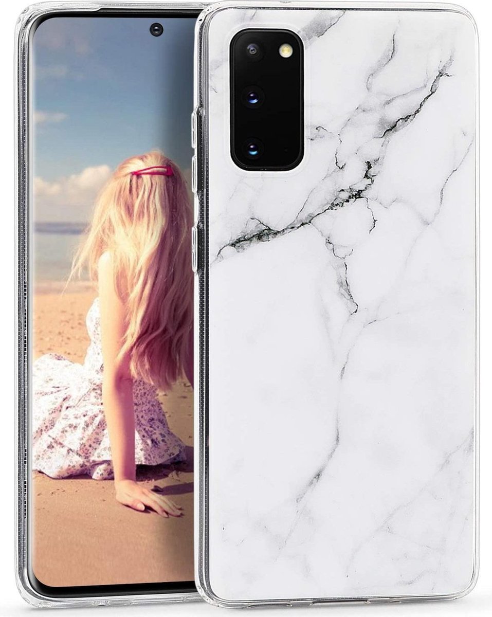 Geschikt voor Samsung Galaxy S20 Plus hoesje - Wit / Zwart - Marmer - Soft TPU