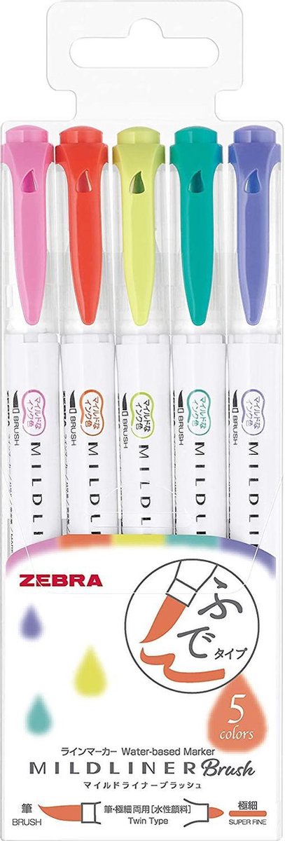 Zebra Mildliner - Brush pennen - Dubbelzijdig - Bright kleuren - Set van 5