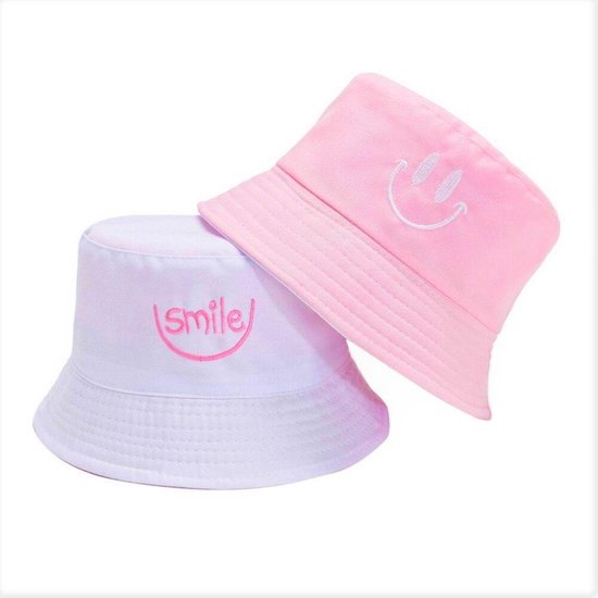 Reversible bucket hat - vissershoedje - smiley - omkeerbaar - roze/wit