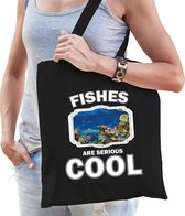 Dieren vis  katoenen tasje volw + kind zwart - fishes are cool boodschappentas/ gymtas / sporttas - cadeau vissen fan