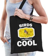 Dieren blauwborst vogel  katoenen tasje volw + kind zwart - birds are cool boodschappentas/ gymtas / sporttas - cadeau vogels fan