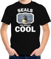 Dieren zeehonden t-shirt zwart kinderen - seals are serious cool shirt  jongens/ meisjes - cadeau shirt grijze zeehond/ zeehonden liefhebber L (146-152)
