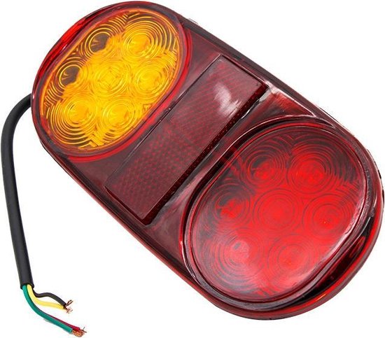 Ovalen achterlicht met rode en gele LED's, met zwarte kabel en drie gekleurde draden.