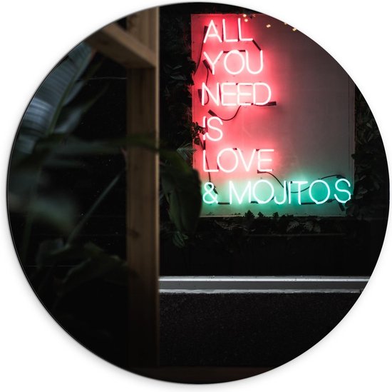 Dibond Wandcirkel - ''All You Need is Love & Mojitos''  Ledlampen  - 70x70cm Foto op Aluminium Wandcirkel (met ophangsysteem)