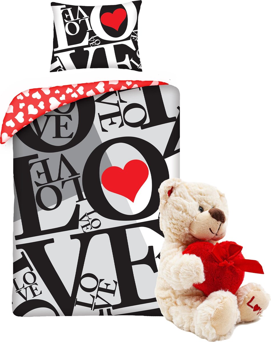 Dekbedovertrek Love-letters - rood hart-140 x 200 cm - Love dekbed - Valentijnsdag , incl. knuffelbeer pluche 20cm