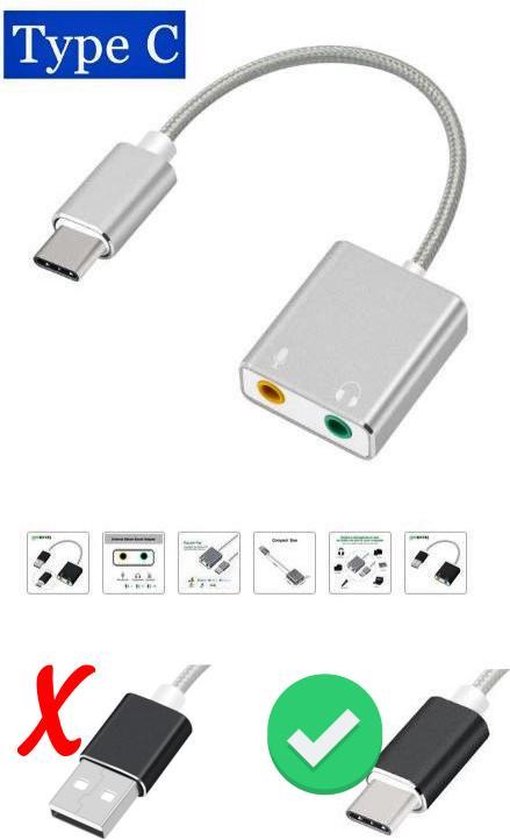 USB-C / Type-C naar Jack 3.5mm koptelefoon microfoon geluid kaart ZILVER -  USB C audio... | bol.com