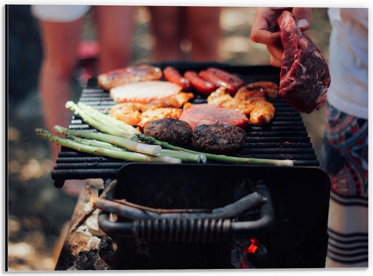 Dibond - Vlees op de Barbecue - 40x30cm Foto op Aluminium (Met Ophangsysteem)