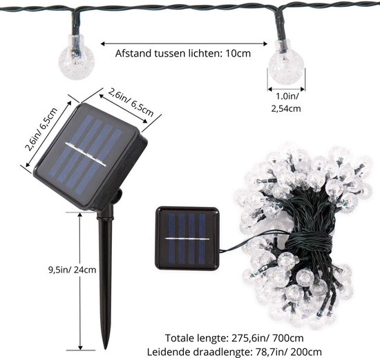Afmetingen zonnepaneel en lichtballetjes, afstand 10cm. Totale lengte 700cm, snoerlengte 200cm.
