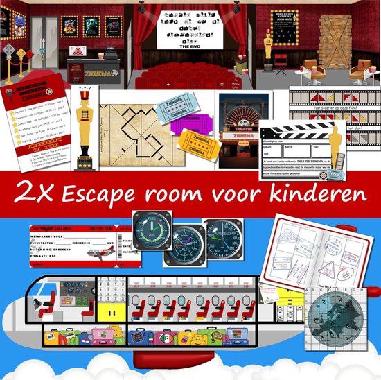 Thumbnail van een extra afbeelding van het spel 2x Escape room voor kinderen – Ontsnap uit het vliegtuig – Ontsnap uit de bioscoop – 8 t/m 14 jaar – 1 tot 4 kinderen – Compleet draaiboek – Print zelf uit!