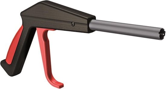 Grijper met zwart handvat, rode trekker en metalen steel.
