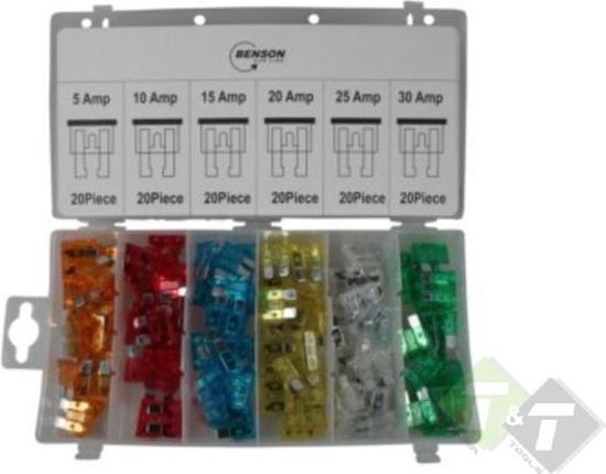 Assortimentsdoos met Benson zekeringen: 5, 10, 15, 20, 25 en 30 ampère, elk 20 stuks.