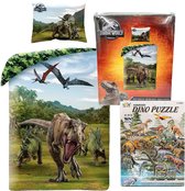 Jurassic World dekbedovertrek Dino-1persoons-140x200-dinosaurus dekbed, incl. Dino 3D Puzzle 91 pcs - 16 st.