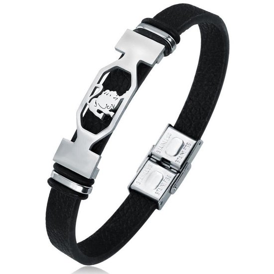 Leeuw / Leo - Leren Armband met Stalen Sterrenbeeld - Astrologie - Zwart - Armbanden Heren Dames - Cadeau voor Man - Mannen Cadeautjes
