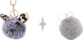 Set van 2 | Meisjes luipaard sleutelhanger fluffy bal grijs - grijze pompom