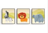 Poster Set 3 Safari Dikke Dieren Leeuw Zebra en Olifant - 40x30cm/A3 - Baby / Kinderkamer - Muurdecoratie - Postercity