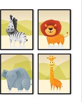 Poster Set 4 Safari Dikke Dieren Leeuw Giraffe Zebra en Olifant  - 80x60cm - Baby / Kinderkamer - Muurdecoratie - Postercity