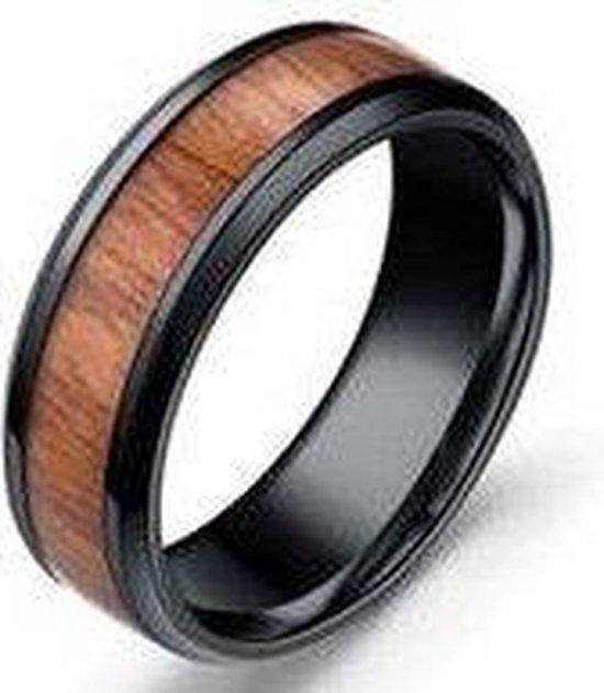 Ring Heren Zwart ingelegd met Hout - Staal - Ringen Mannen Dames - Cadeau voor Man - Mannen Cadeautjes