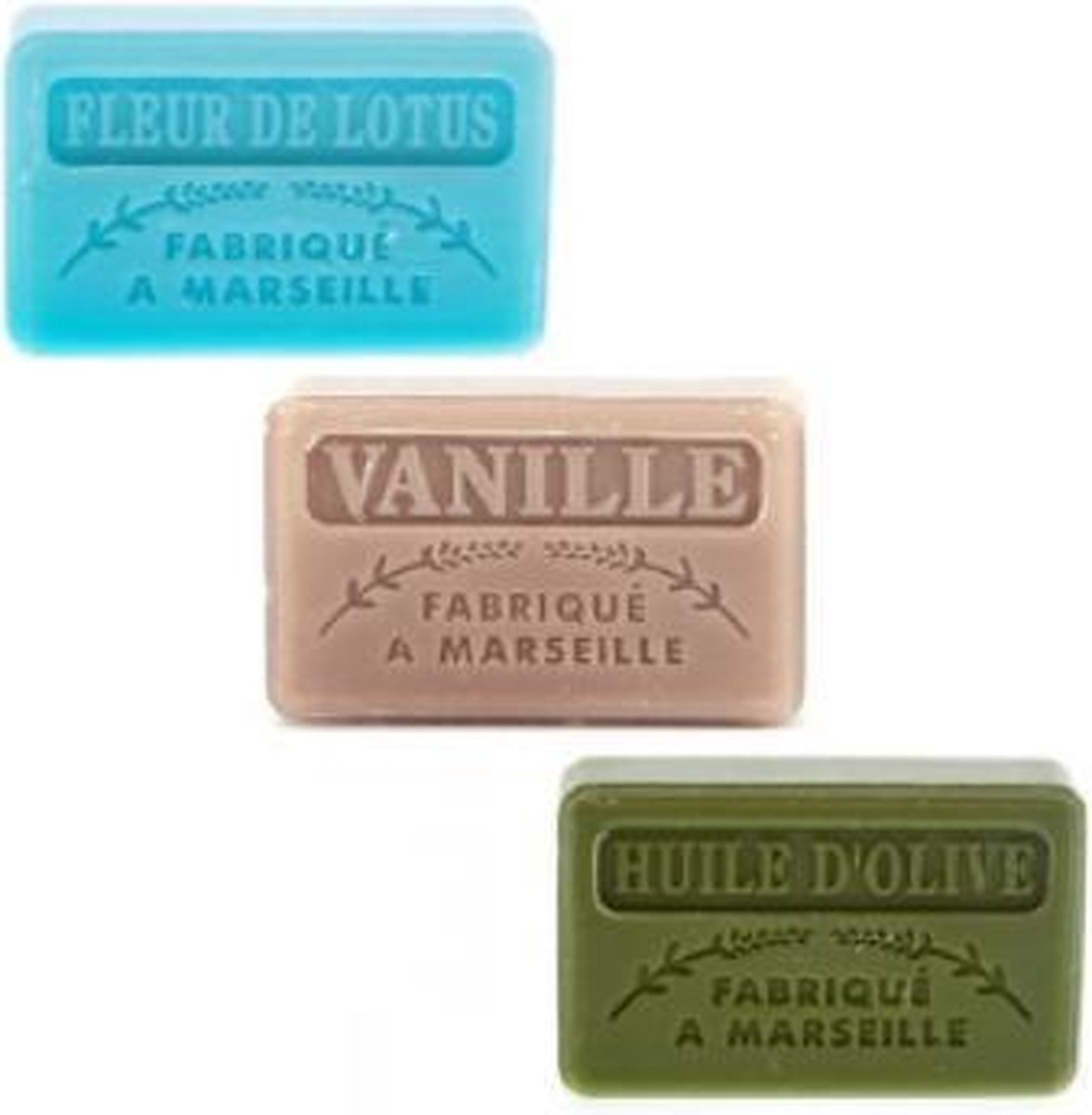 Goedkoopste Soap bar set - zeep savon de marseille Fleur de lotus, Vanille, Huile d'olive 3x60 gr.