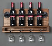 Wijnrek aan de muur - Eiken hout - Zwarte stalen buis - 4 flessen/4 glazen - drankrek
