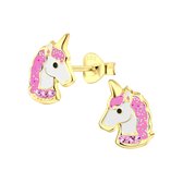 Joy|S - Zilveren eenhoorn oorbellen 8 x 11 mm unicorn - 14k goudplating